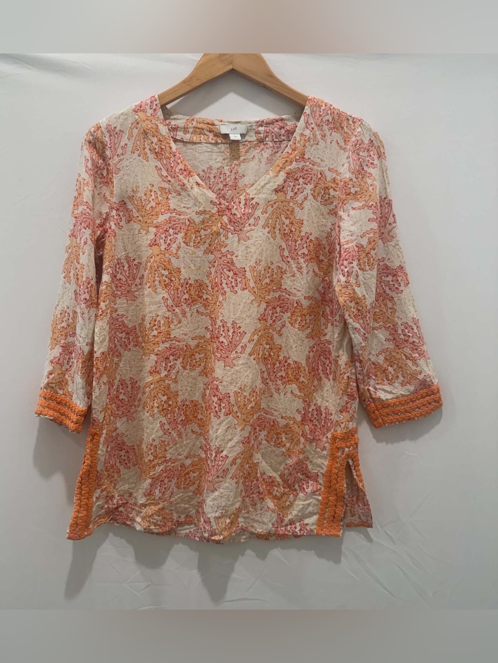 J. Jill Cream Tunic Top with Pink & Orange Floral Print Linen blend Women XS